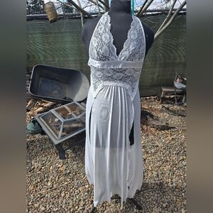 Sheer Lace Halter Maxi Nightgown Chemise Dress Top in White